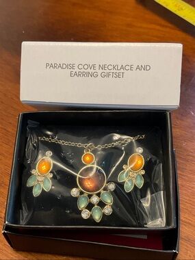 Avon Gold-Tone Necklace and Earring Set with Orange and Teal Accents Nib